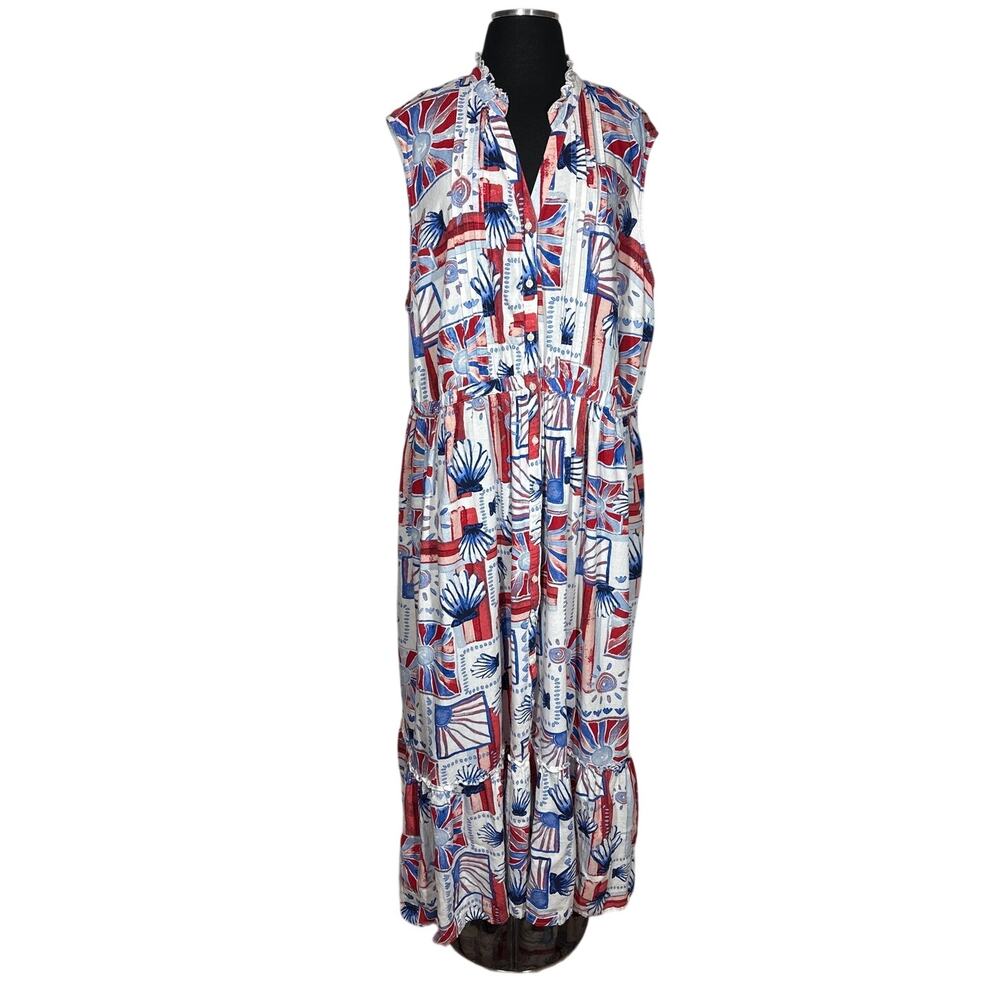 St John’s Bay Sleeveless Tiered Maxi Dress Pockets 2X Red White Blue Coastal